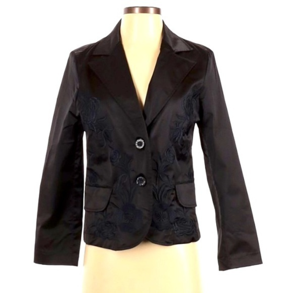 Katherine Barclay S black satin embroidered floral 2 crystal button blazer